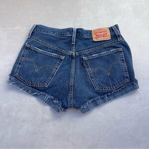 Levi’s 501 high-rise dark wash blue denim cut-off shorts